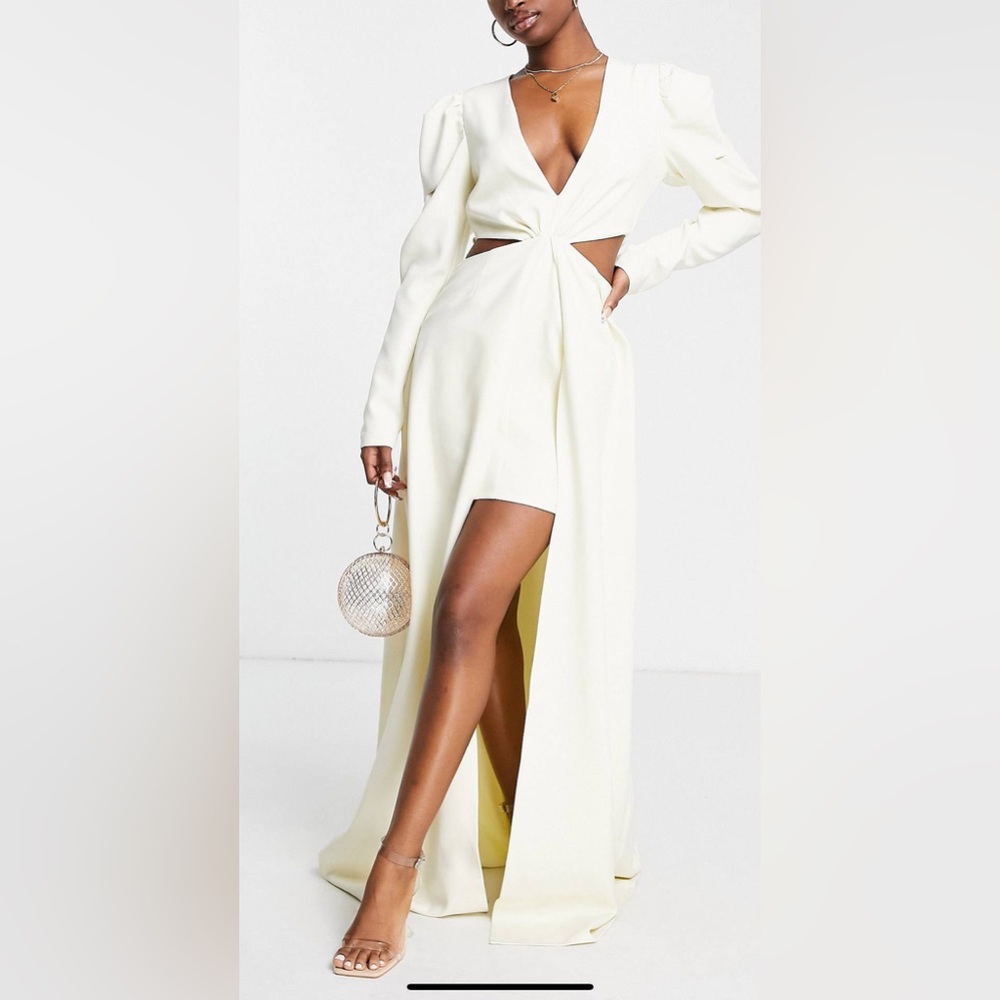 Yaura ivory puff shoulder high low dress